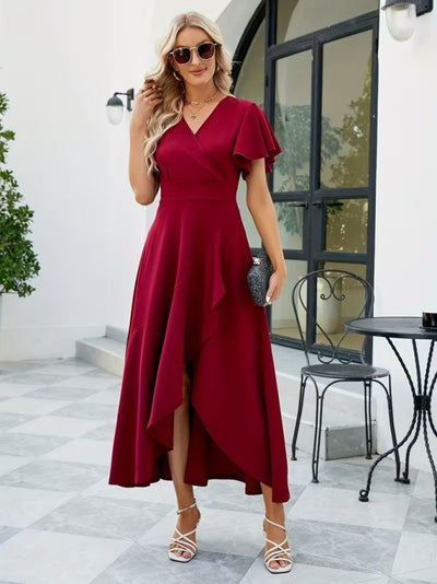 Rochie lungă din crep importat, cu mânecă scurtă, decolteu înfășurat, asimetrică, cu volane în față, 32538