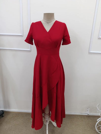 Rochie lungă din crep importat, cu mânecă scurtă, decolteu înfășurat, asimetrică, cu volane în față, 32538