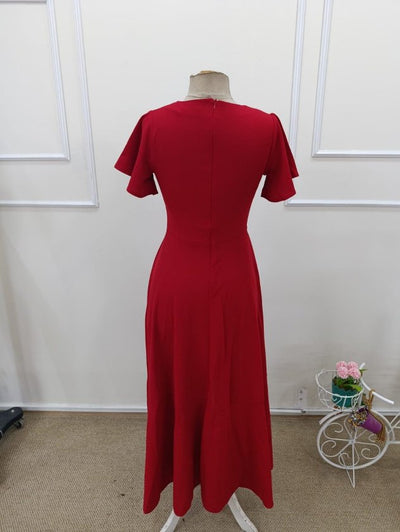 Rochie lungă din crep importat, cu mânecă scurtă, decolteu înfășurat, asimetrică, cu volane în față, 32538
