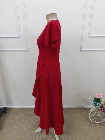 Rochie lungă din crep importat, cu mânecă scurtă, decolteu înfășurat, asimetrică, cu volane în față, 32538