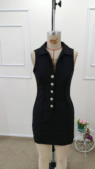 Rochie scurtă din satin pentru femei, cu guler cu bretele și nasturi în față, 32544