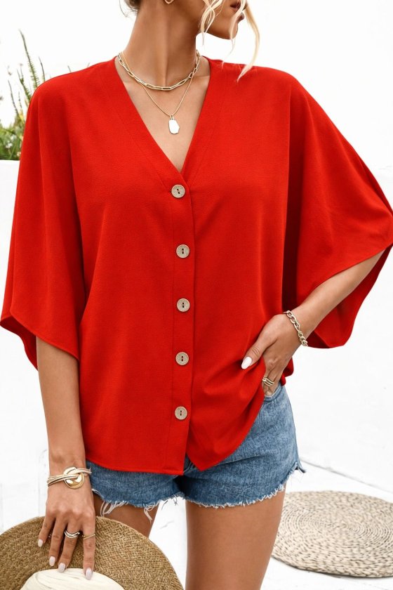 Bluză Aerobin pentru femei, cu mânecă scurtă, decolteu în V, nasturi în față și model liliac, 32551