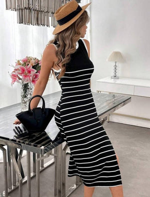 Rochie midi tricotată pentru femei, cu guler rotund, bretele, detalii cu dungi și crăpătură, 32579