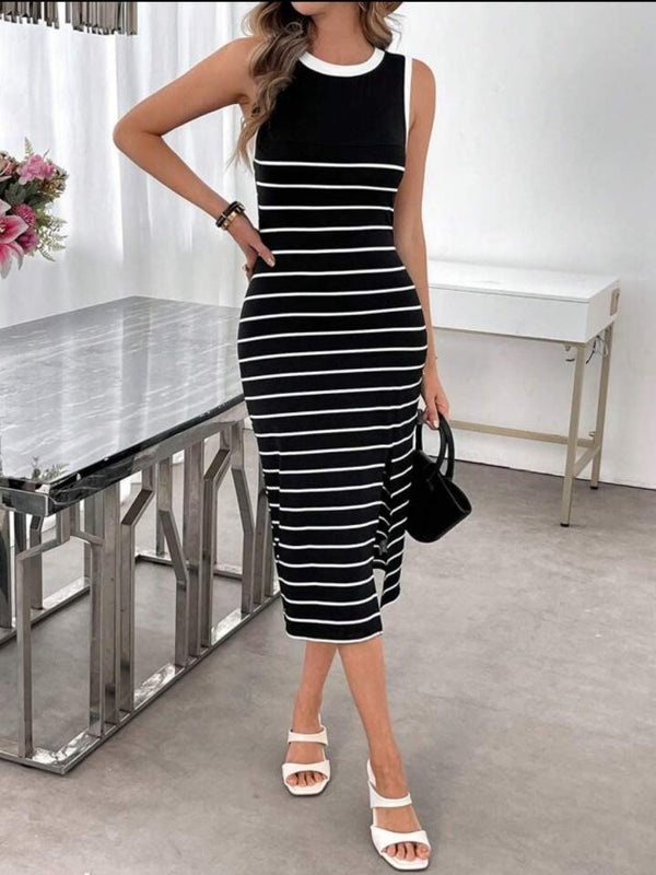 Rochie midi tricotată pentru femei, cu guler rotund, bretele, detalii cu dungi și crăpătură, 32579