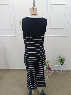 Rochie midi tricotată pentru femei, cu guler rotund, bretele, detalii cu dungi și crăpătură, 32579