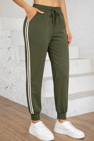 Pantaloni de trening cu talie înaltă din viscoză, cu două fire, pentru femei, cu dungi laterale, 32583