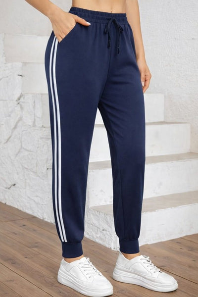 Pantaloni de trening cu talie înaltă din viscoză, cu două fire, pentru femei, cu dungi laterale, 32584
