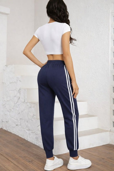 Pantaloni de trening cu talie înaltă din viscoză, cu două fire, pentru femei, cu dungi laterale, 32584