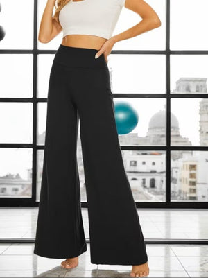 Pantaloni lungi și strălucitori din crep, cu talie înaltă și croi larg, pentru femei, 33147