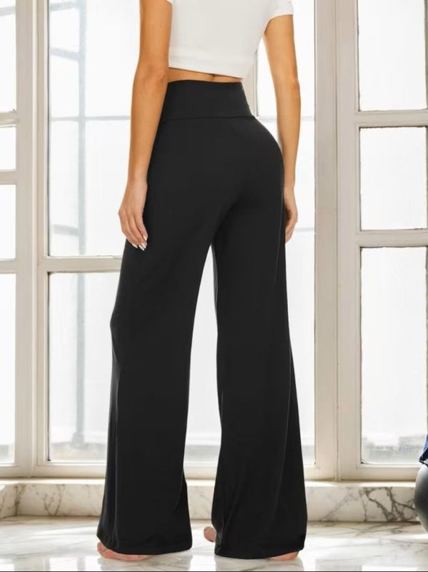Pantaloni lungi și strălucitori din crep, cu talie înaltă și croi larg, pentru femei, 33147