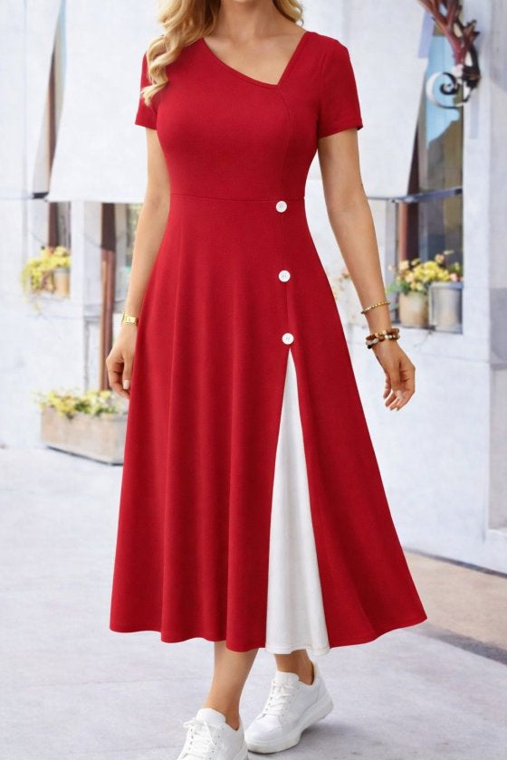 Rochie midi din viscoză, cu mânecă scurtă, guler asimetric și nasturi, pentru femei, 32597