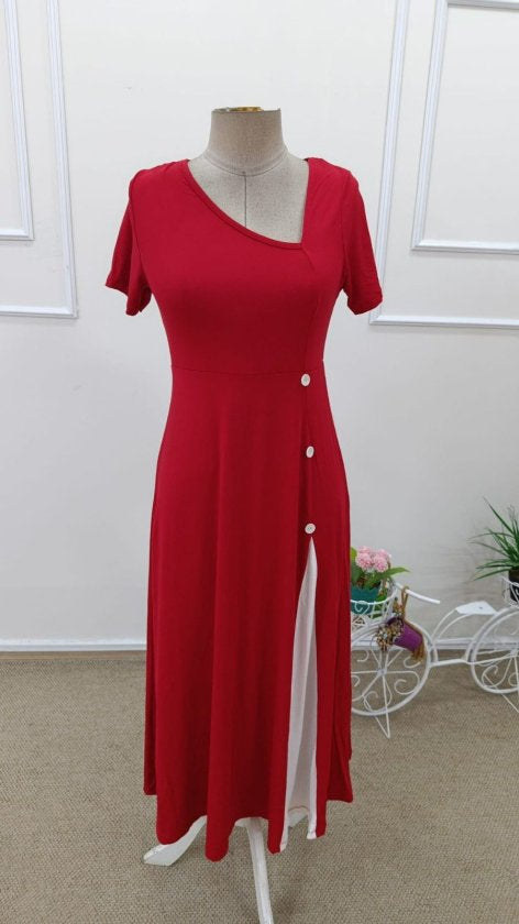 Rochie midi din viscoză, cu mânecă scurtă, guler asimetric și nasturi, pentru femei, 32597