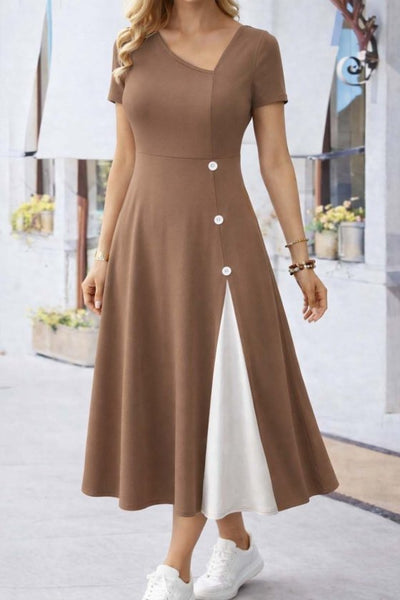 Women's Short Sleeve Asymmetrical Collar Button Detail Midi Viscose Dress, 33571