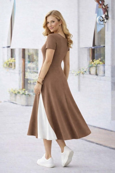 Women's Short Sleeve Asymmetrical Collar Button Detail Midi Viscose Dress, 33571