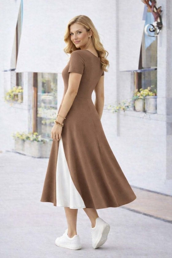 Women's Short Sleeve Asymmetrical Collar Button Detail Midi Viscose Dress, 33571