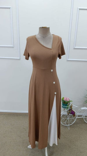 Rochie midi din viscoză pentru femei, cu mânecă scurtă, guler asimetric și detaliu cu nasturi, 33571