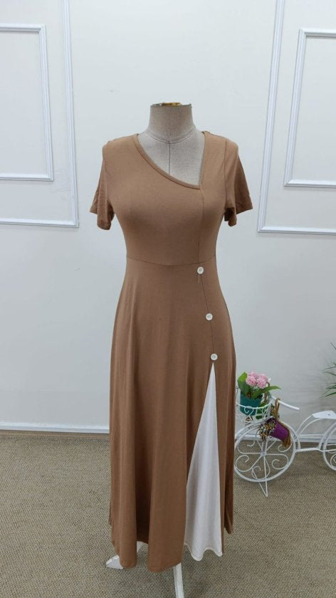 Women's Short Sleeve Asymmetrical Collar Button Detail Midi Viscose Dress, 33571