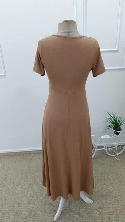 Women's Short Sleeve Asymmetrical Collar Button Detail Midi Viscose Dress, 33571