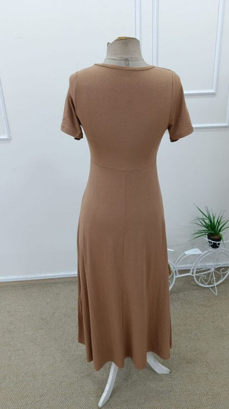 Women's Short Sleeve Asymmetrical Collar Button Detail Midi Viscose Dress, 33571