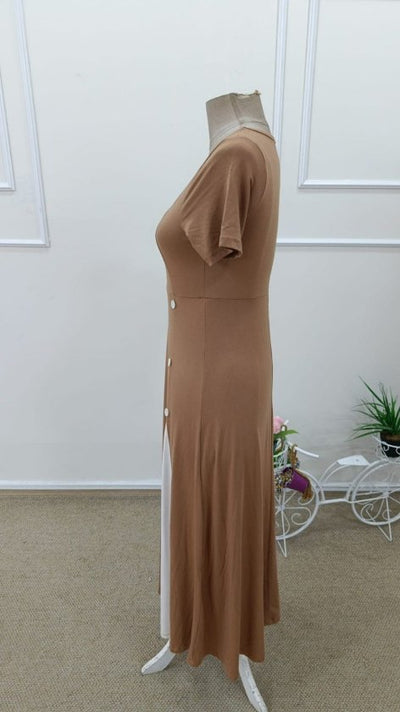 Women's Short Sleeve Asymmetrical Collar Button Detail Midi Viscose Dress, 33571