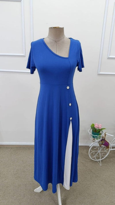 Rochie midi de damă din viscoză, cu mânecă scurtă, guler asimetric și detalii nasturi, 33236