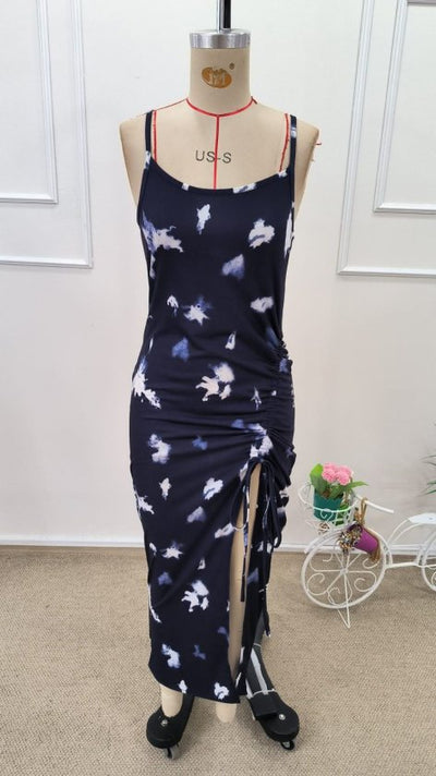 Women's Strappy Round Neck Patterned Side Shirred Midi Supima Dress, 32604