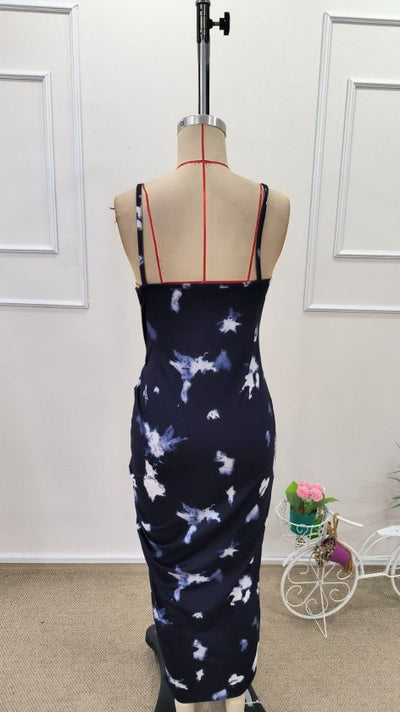 Women's Strappy Round Neck Patterned Side Shirred Midi Supima Dress, 32604