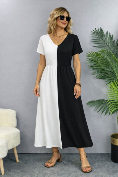 Women's Short Sleeve V-Neck Two-Tone Viscose Midi Dress, 32605