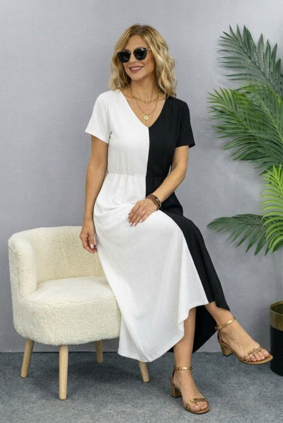 Women's Short Sleeve V-Neck Two-Tone Viscose Midi Dress, 32605
