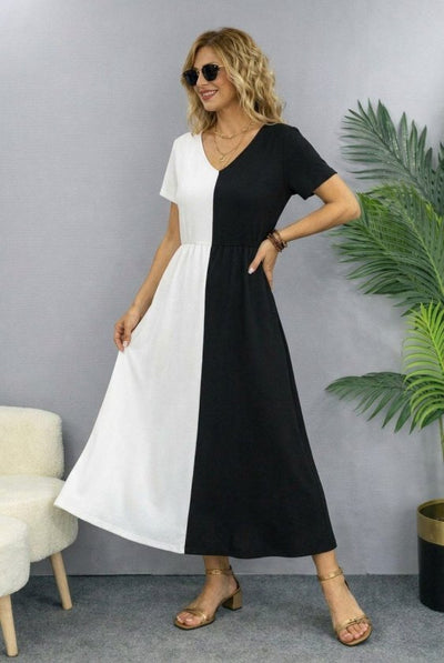 Women's Short Sleeve V-Neck Two-Tone Viscose Midi Dress, 32605