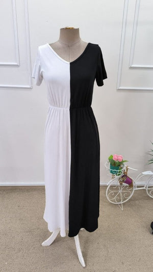Rochie midi din viscoză bicoloră, cu mânecă scurtă și decolteu în V pentru femei, 32605