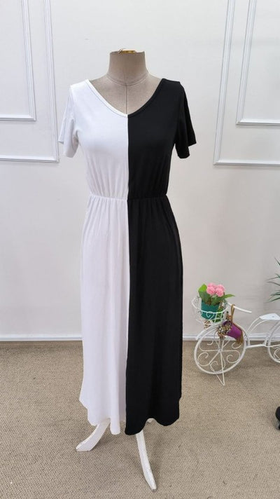Women's Short Sleeve V-Neck Two-Tone Viscose Midi Dress, 32605