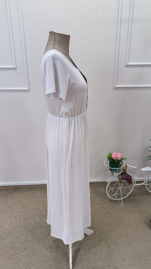 Rochie midi din viscoză bicoloră, cu mânecă scurtă și decolteu în V pentru femei, 32605
