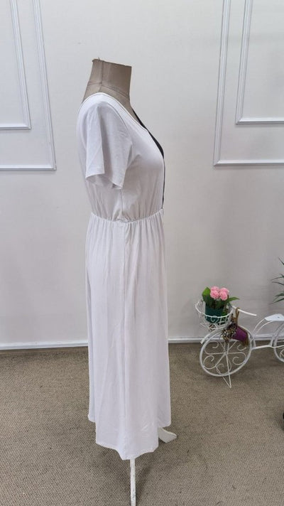 Women's Short Sleeve V-Neck Two-Tone Viscose Midi Dress, 32605