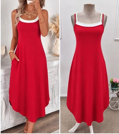 Rochie lungă din viscoză, pentru femei, cu bretele subțiri, guler rotund și buzunare, 35967