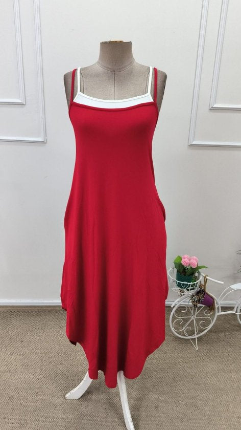 Rochie lungă din viscoză, pentru femei, cu bretele subțiri, guler rotund și buzunare, 35967