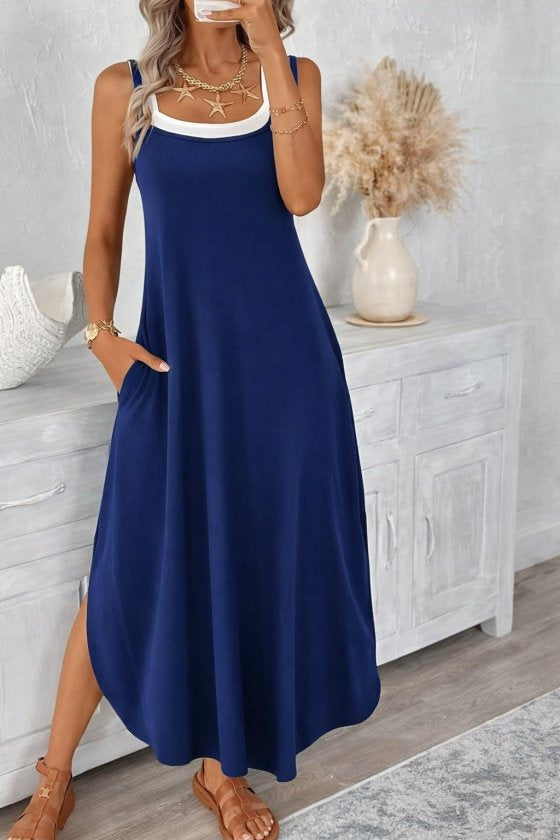 Rochie lungă de damă din viscoză, cu bretele subțiri, guler rotund și buzunare, 35588