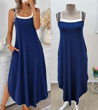Rochie lungă de damă din viscoză, cu bretele subțiri, guler rotund și buzunare, 35588