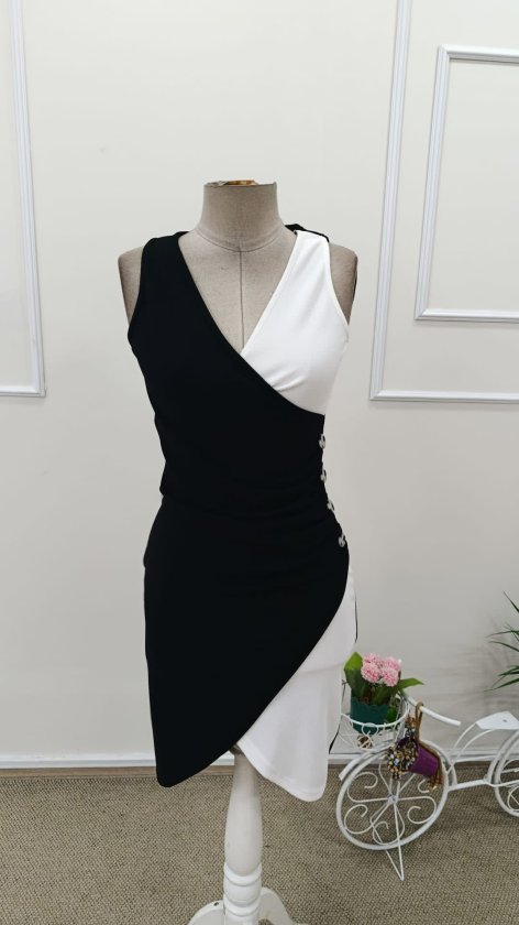 Women's Strappy Wrap-Neck Side-Button Two-Tone Short Ottoman Dress, 32629