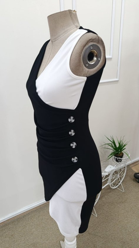 Women's Strappy Wrap-Neck Side-Button Two-Tone Short Ottoman Dress, 32629