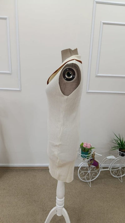 Rochie scurtă tricotată pentru femei, cu umeri goi, cu decolteu în V și nervuri, 32728