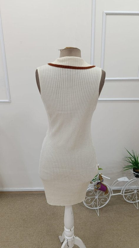 Rochie scurtă tricotată pentru femei, cu umeri goi, cu decolteu în V și nervuri, 32728