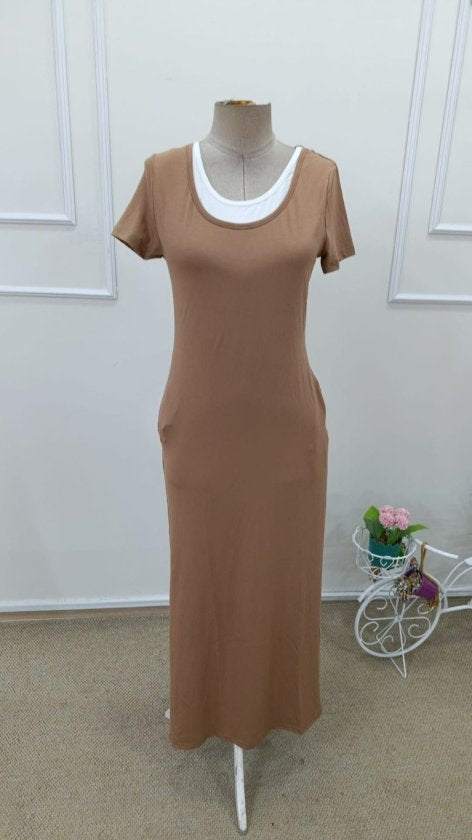 Rochie lungă din viscoză, cu mânecă scurtă, aspect de maiou, cu crăpătură laterală, pentru femei, 32643
