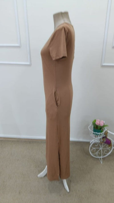 Rochie lungă din viscoză, cu mânecă scurtă, aspect de maiou, cu crăpătură laterală, pentru femei, 32643