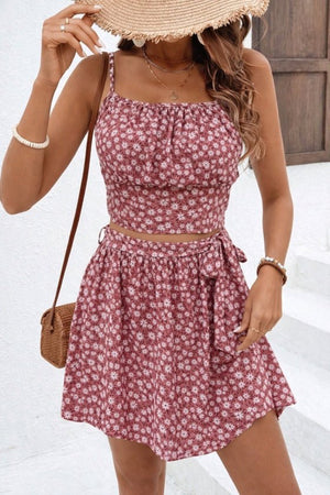 Set de două piese pentru femei, bluză scurtă cu bretele și model Supreme, fustă evazată, 32662