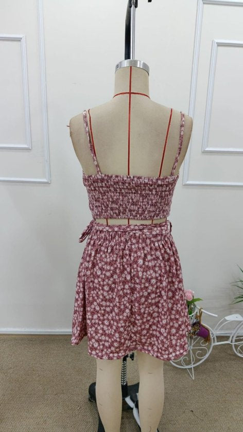 Set de două piese pentru femei, bluză scurtă cu bretele și model Supreme, fustă evazată, 32662