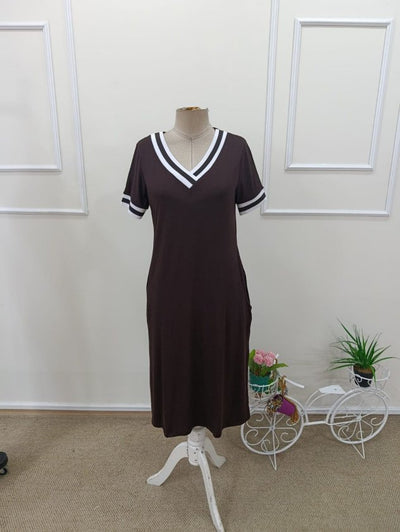 Rochie midi din viscoză pentru femei, cu mânecă scurtă, decolteu în V și guler striat, 32840
