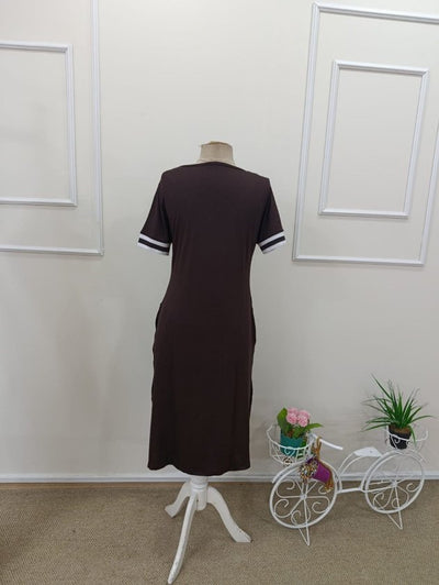 Rochie midi din viscoză pentru femei, cu mânecă scurtă, decolteu în V și guler striat, 32840