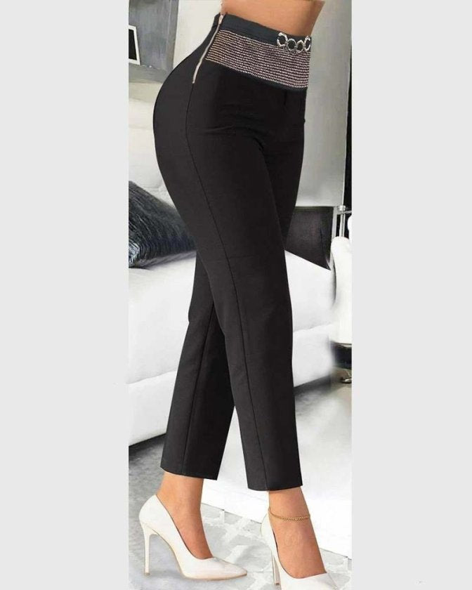 Pantaloni de damă din crep importat, cu talie înaltă, cu ornamente în față și cataramă, 32683