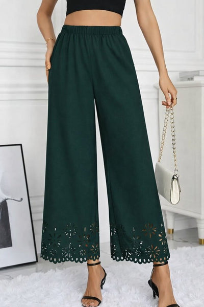 Pantaloni de damă din crep importat, cu talie înaltă și elastic, model floral, decupat cu laser, 32706